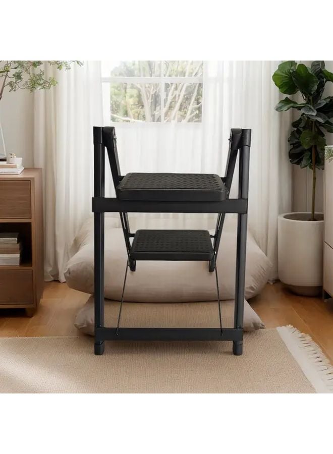 Black 2 Step Folding Ladder Anti Slip Portable Lightweight For Home Kitchen Office - Image 1