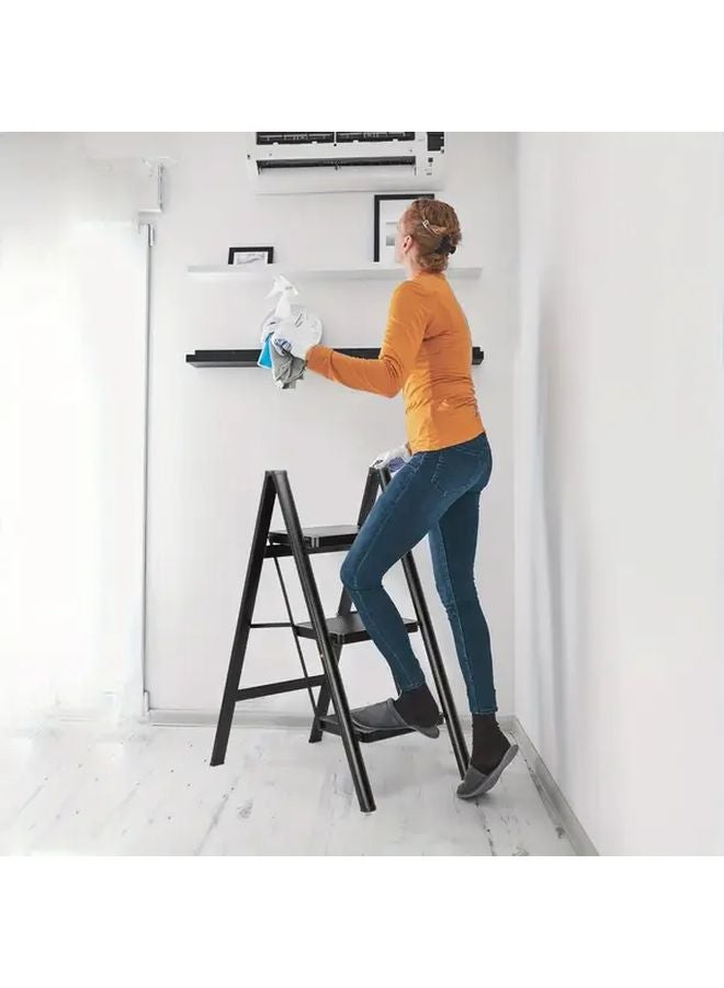 Black 2 Step Folding Ladder Anti Slip Portable Lightweight For Home Kitchen Office - Image 3