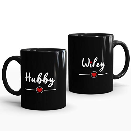 Gift Arcadia Set of 2 Ceramic Coffee Mug for Husband & Wife Series| Shiny Black Tea Cup Set with Handle for Hubby & Wifey & Couples| Microwave & Dishwasher 325ml Capacity Milk Cups.Black (A312) - Image 1
