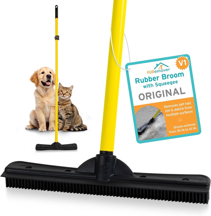 FURemover Original Plus Pet Hair Rubber Broom with Squeegee, with 61" Telescopic Handle for Carpet, Tile and Hardwood - Image 1