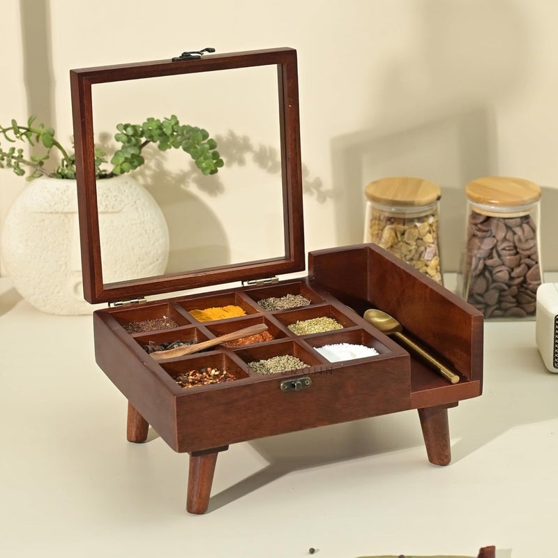 BRICK BROWN ® صندوق توابل خشبي مصنوع يدويًا مع 9 أقسام - Image 1