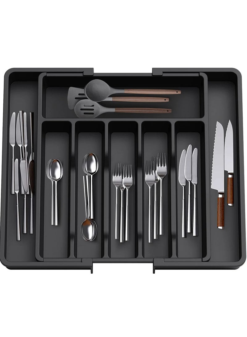 Silverware Drawer Organizer, Expandable Utensil Tray for Kitchen, BPA Free Flatware and Cutlery Holder, Adjustable Plastic Storage for Spoons Forks Knives, Large, Black  - Image 1