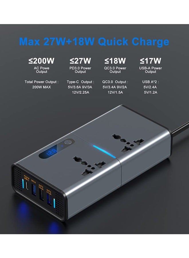 ماركة غير محددة 200W سيارة الطاقة العاكس، DC 12/24V إلى 220V AC سيارة العاكس، 3 USB 1 Type-C منافذ شاحن محول قابس السيارة مع التبديل وشاشة LED الحالية، ومناسبة للسيارة، شاحنة (رمادي فضي)  - Image 2