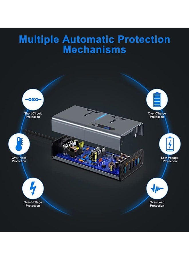 ماركة غير محددة 200W سيارة الطاقة العاكس، DC 12/24V إلى 220V AC سيارة العاكس، 3 USB 1 Type-C منافذ شاحن محول قابس السيارة مع التبديل وشاشة LED الحالية، ومناسبة للسيارة، شاحنة (رمادي فضي)  - Image 4