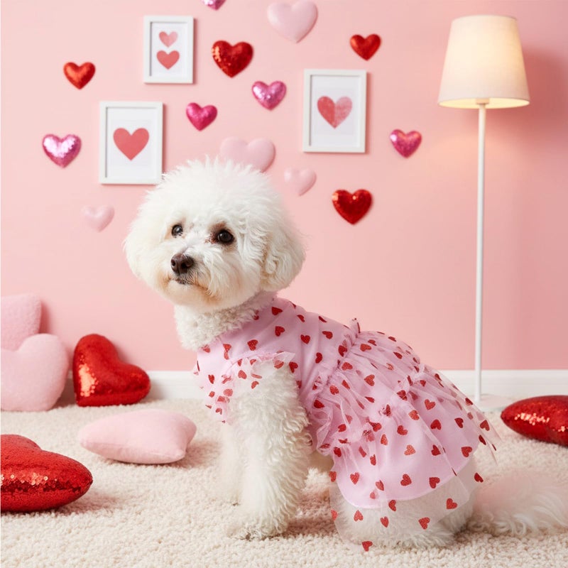 yeabwps Valentines Day Dog Outfit Pink Heart Tulle Dog Dress Girl Puppy Princess for Small Dogs Party Outfit - Image 5