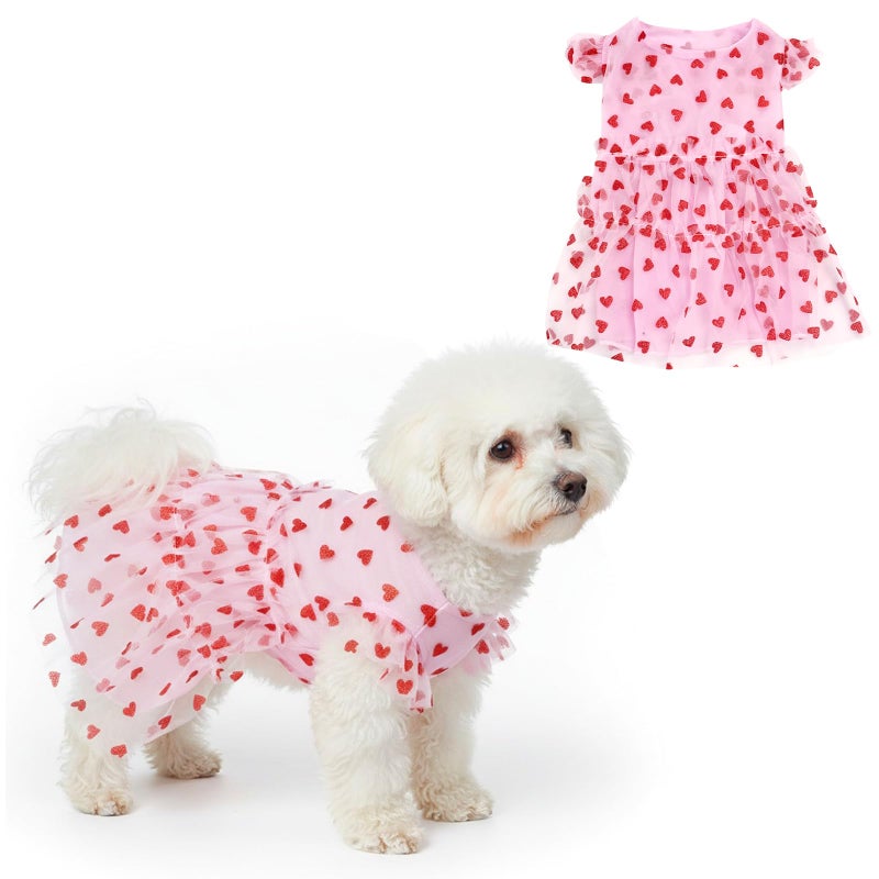 yeabwps Valentines Day Dog Outfit Pink Heart Tulle Dog Dress Girl Puppy Princess for Small Dogs Party Outfit - Image 1