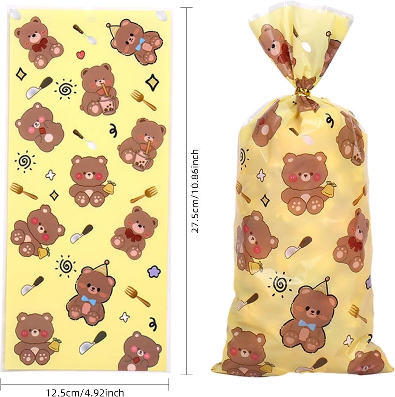 HZYH 50 Pcs Cute Bear Party Gift Bags, Yellow Goodie Candy Bags with Twist Ties, Bear Sweets Bags for Kids, Birthday & Halloween Party Favors - Image 2