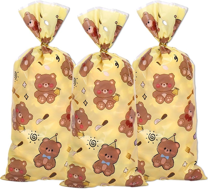 HZYH 50 Pcs Cute Bear Party Gift Bags, Yellow Goodie Candy Bags with Twist Ties, Bear Sweets Bags for Kids, Birthday & Halloween Party Favors - Image 3