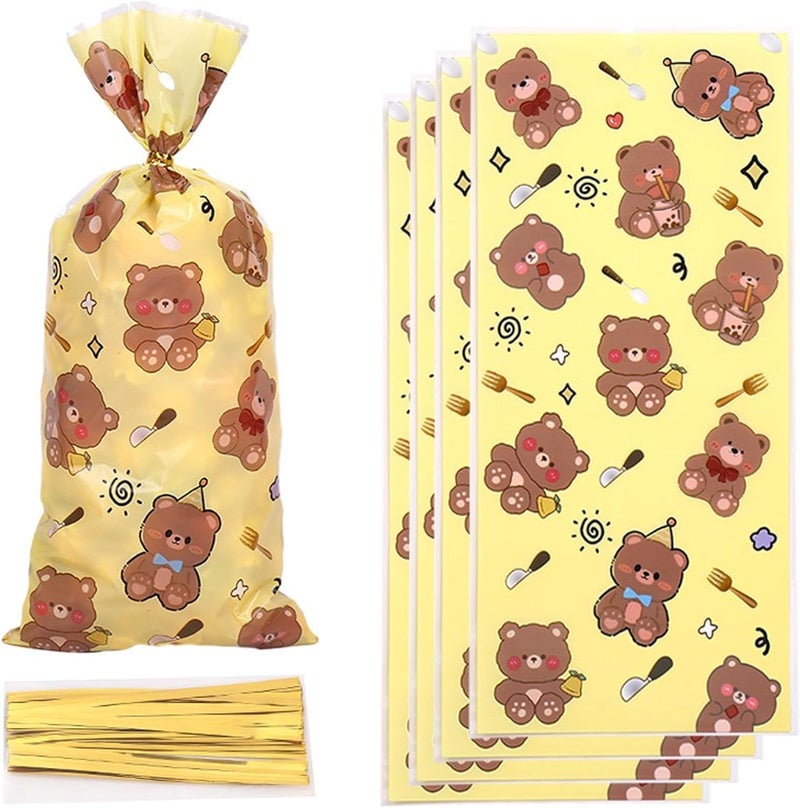 HZYH 50 Pcs Cute Bear Party Gift Bags, Yellow Goodie Candy Bags with Twist Ties, Bear Sweets Bags for Kids, Birthday & Halloween Party Favors - Image 1