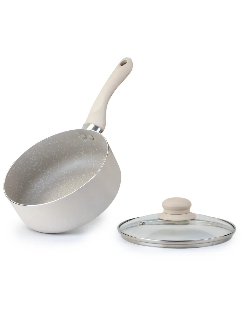 Wilson Oak Sauce Pan with Glass Lid and Marble Coating Nonstick Induction Flat Bottom Cast Aluminum – Dia 18cm - Cream