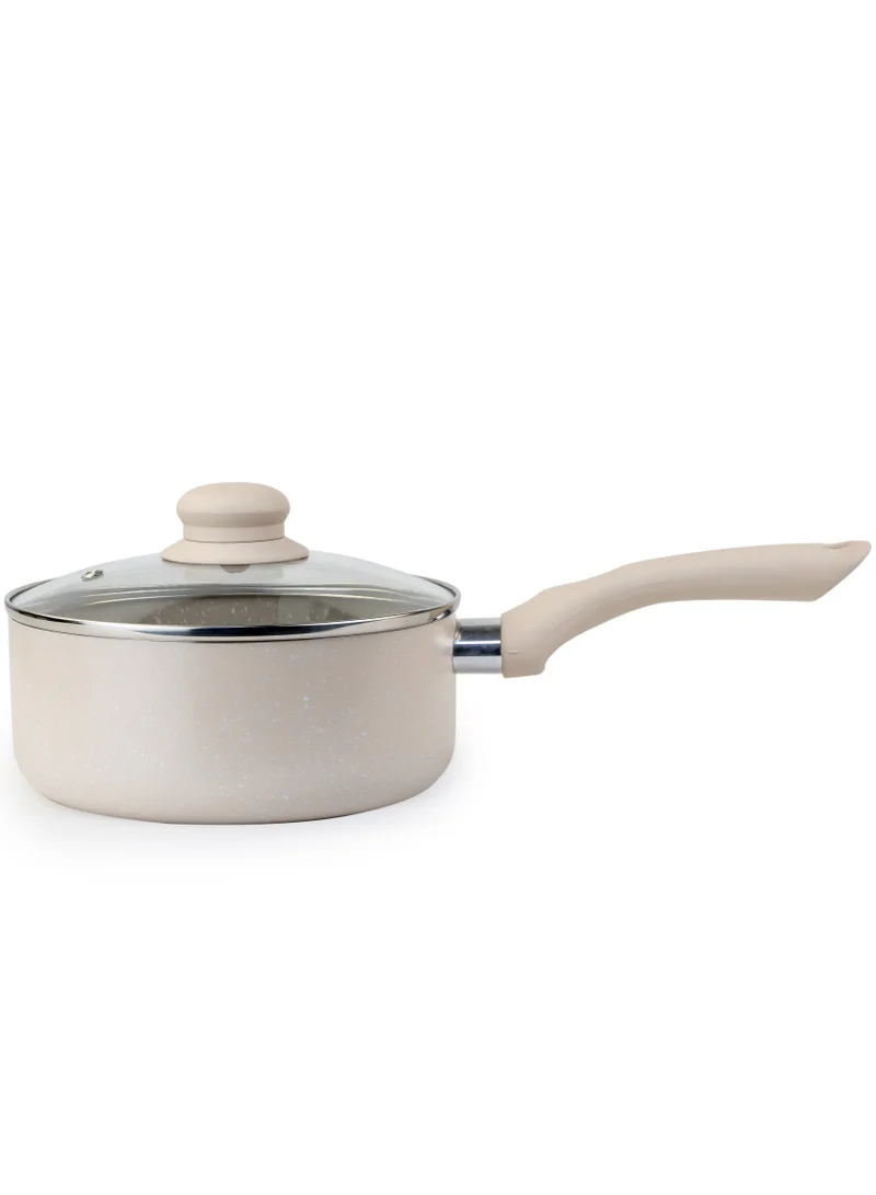 Wilson Oak Sauce Pan with Glass Lid and Marble Coating Nonstick Induction Flat Bottom Cast Aluminum – Dia 18cm - Cream