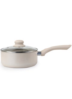 Wilson Oak Sauce Pan with Glass Lid and Marble Coating Nonstick Induction Flat Bottom Cast Aluminum – Dia 18cm - Cream  - Image 1