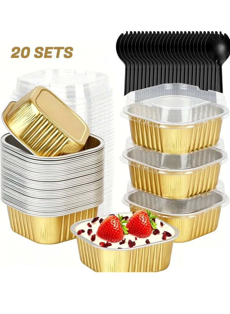 LuckSa 20 Pack Mini Cake Pans with Lids, 175ml Square Aluminum Foil Brownie Baking Cups, Muffin Tin Ramekins, Disposable Dessert Cups for Wedding Birthday Party, Gold - Image 1