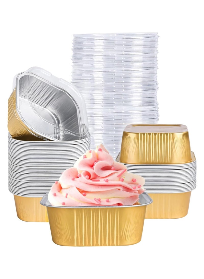 LuckSa 20 Pack Mini Cake Pans with Lids, 175ml Square Aluminum Foil Brownie Baking Cups, Muffin Tin Ramekins, Disposable Dessert Cups for Wedding Birthday Party, Gold - Image 2