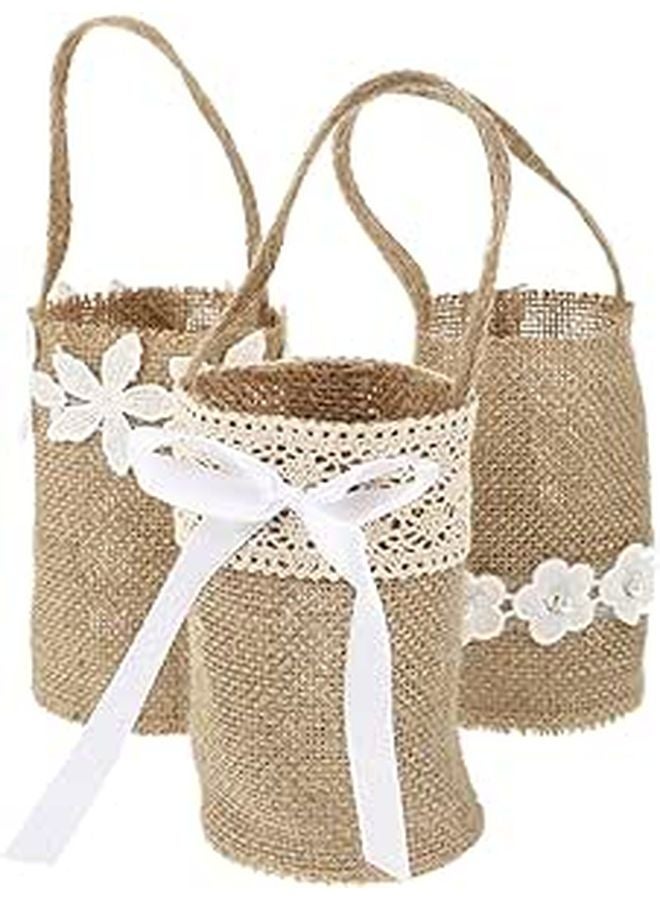 Linen Flower Girl Basket Set Rustic Burlap Wedding Ceremony Party Photography Props - Image 1
