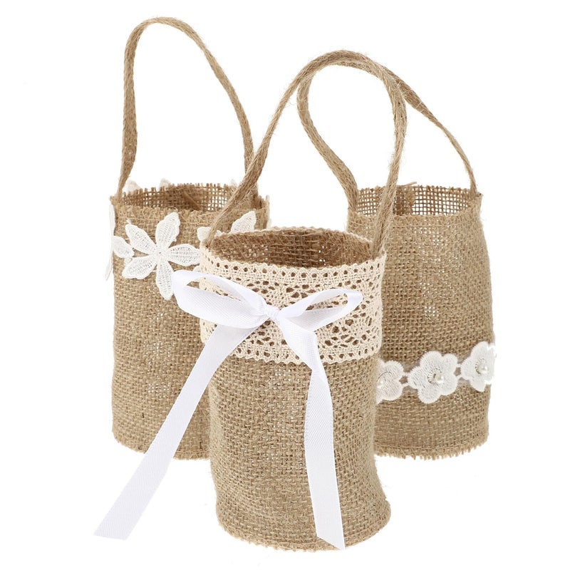 Linen Flower Girl Basket Set Rustic Burlap Wedding Ceremony Party Photography Props - Image 2