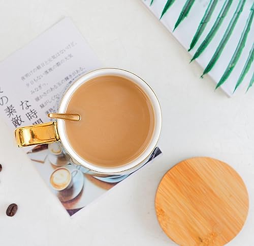 Eplze YBK Tech Porcelain Tea Cup Coffee Mug Set for Afternoon Tea - Marble Pattern (White, Tall 400ml + wood lid) - Image 4