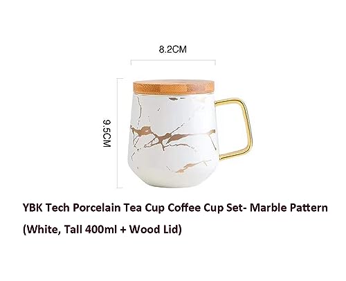 Eplze YBK Tech Porcelain Tea Cup Coffee Mug Set for Afternoon Tea - Marble Pattern (White, Tall 400ml + wood lid) - Image 2