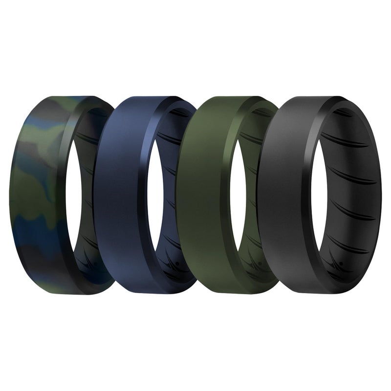 ROQ Men's Silicone Rings, 4-Pack Beveled Edge (Olive Blue Camo, Black, Green, Size 8) - Mens Silicone Wedding Band & Rubber Engagement Ring for Men - Breathable Comfort Fit Silicone Rings for Him - Image 1