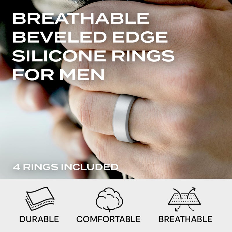 ROQ Men's Silicone Rings, 4-Pack Beveled Edge (Olive Blue Camo, Black, Green, Size 8) - Mens Silicone Wedding Band & Rubber Engagement Ring for Men - Breathable Comfort Fit Silicone Rings for Him - Image 2