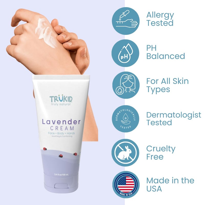 TruKid Lavender Skin Cream for Kids - Hydrates & Moisturizes Sensitive Skin, All Natural Ingredients, Enriched with Shea Butter, Cocoa, Grape Seed Oil & Vitamin E, 3.4oz - Image 2