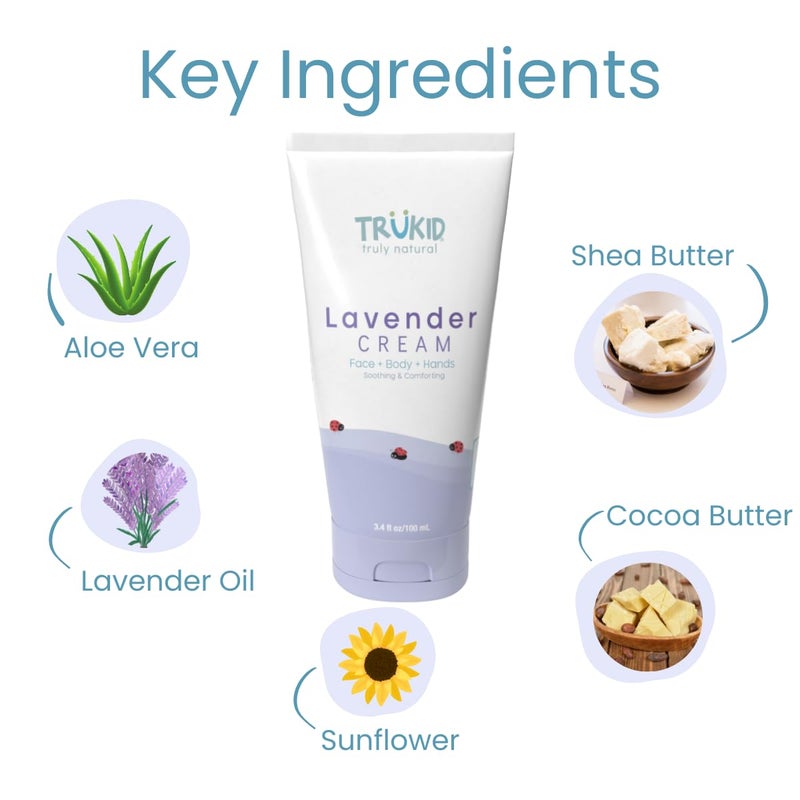TruKid Lavender Skin Cream for Kids - Hydrates & Moisturizes Sensitive Skin, All Natural Ingredients, Enriched with Shea Butter, Cocoa, Grape Seed Oil & Vitamin E, 3.4oz - Image 3