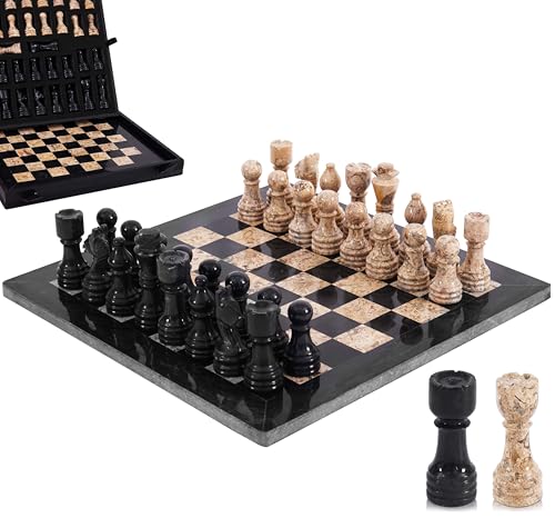 MARBLE RANGE Marble Chess Set for Adults 12 Handmade Black Coral Board Game with 32 Chess Pieces 2 Extra Queens Storage Box Luxury Travel Game Elegant for Home Decor - Image 1