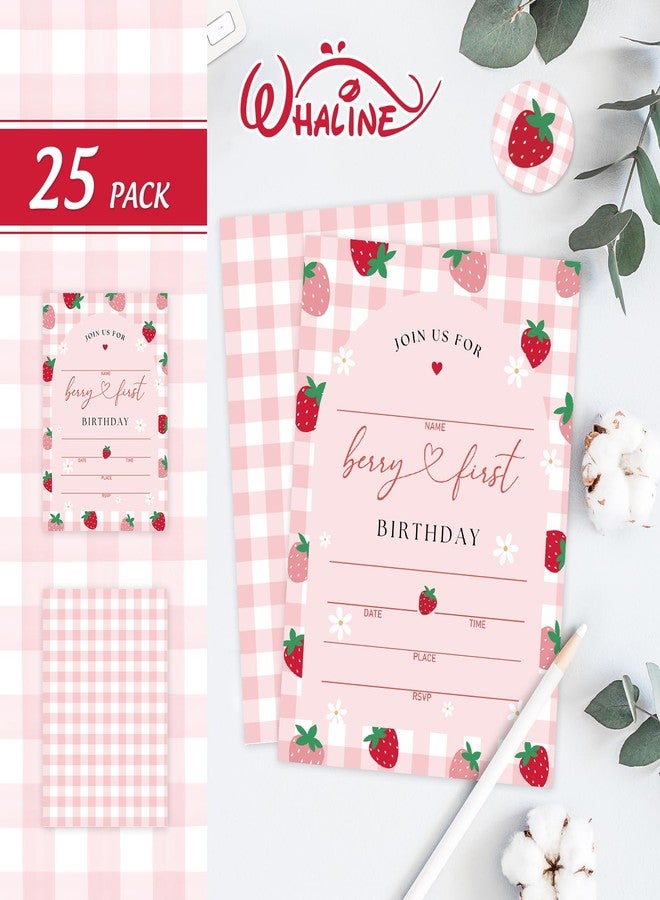 وولاين مجموعة دعوات حفلات الفراولة الوردية المخططة من والين (25 بطاقة) - بطاقات ورقية لدعوات عيد الميلاد الأول - دعوات فراولة مع أظرف وملصقات - لوازم الحفلات - Image 3