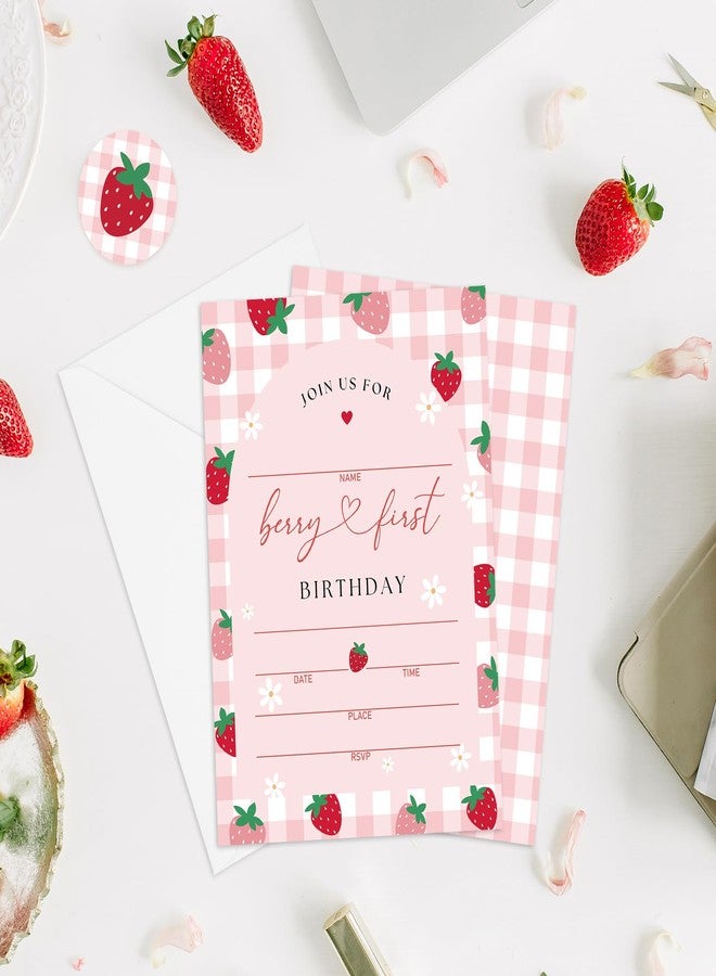 وولاين مجموعة دعوات حفلات الفراولة الوردية المخططة من والين (25 بطاقة) - بطاقات ورقية لدعوات عيد الميلاد الأول - دعوات فراولة مع أظرف وملصقات - لوازم الحفلات - Image 5