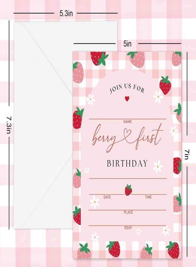 وولاين مجموعة دعوات حفلات الفراولة الوردية المخططة من والين (25 بطاقة) - بطاقات ورقية لدعوات عيد الميلاد الأول - دعوات فراولة مع أظرف وملصقات - لوازم الحفلات - Image 2