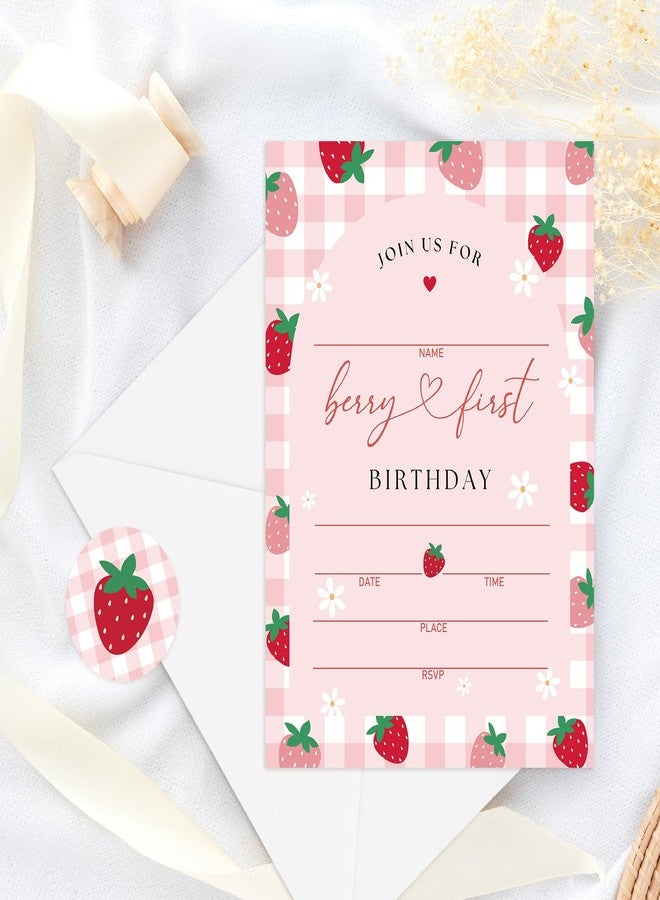 وولاين مجموعة دعوات حفلات الفراولة الوردية المخططة من والين (25 بطاقة) - بطاقات ورقية لدعوات عيد الميلاد الأول - دعوات فراولة مع أظرف وملصقات - لوازم الحفلات - Image 4