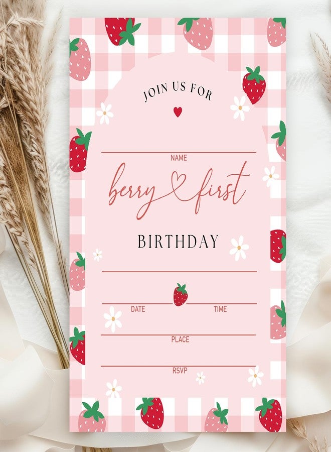 وولاين مجموعة دعوات حفلات الفراولة الوردية المخططة من والين (25 بطاقة) - بطاقات ورقية لدعوات عيد الميلاد الأول - دعوات فراولة مع أظرف وملصقات - لوازم الحفلات - Image 1