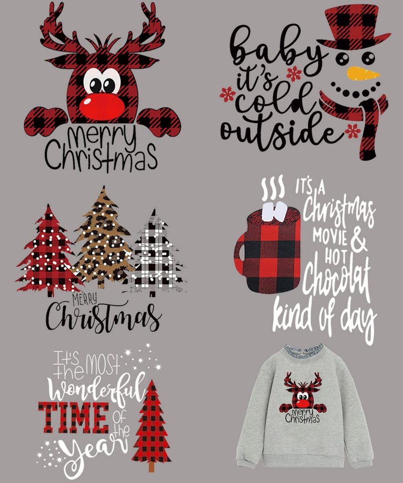 BYNYTO BYNYTO Christmas Iron On Transfers for TShirts Classic Buffalo Plaid Iron Patches Black Red Xmas Appliques Elk Tree Snowman Letter Pattern DIY Decals Heat Transfer Stickers for Jackets Hoodies