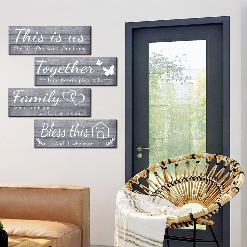 Joyhawk 4 Pieces Wall Decor Signs  THIS IS US  TOGETHER  BLESS THIS HOME  FAMILY Rustic Wooden Farmhouse Wall Art D?cor For Living Room Bedroom Kitchen    4.7 x 13.8 Inch(Grey) - Image 4