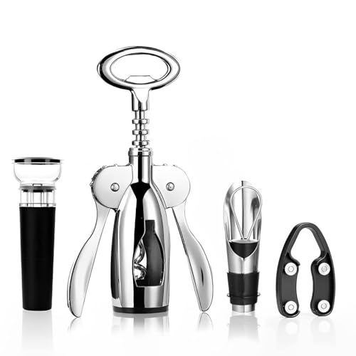 Bridge2shopping Premium Wine Opener Set, Corkscrew with Foil Cutter, Vacuum Stopper, Pourer, 4 Pieces, Stainless Steel - Image 1
