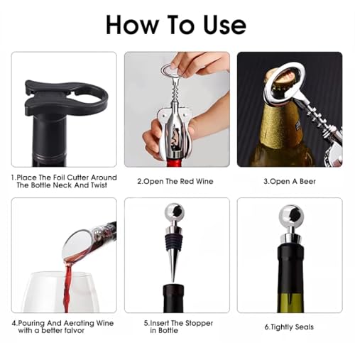 Bridge2shopping Premium Wine Opener Set, Corkscrew with Foil Cutter, Vacuum Stopper, Pourer, 4 Pieces, Stainless Steel - Image 4