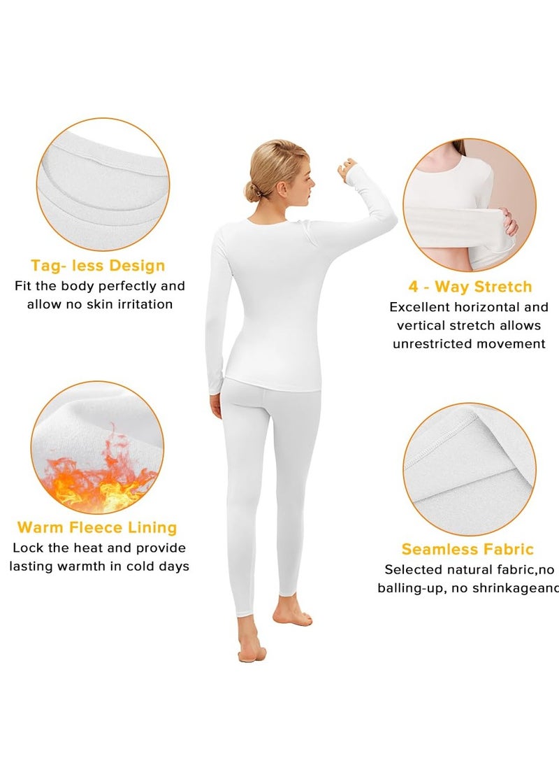 فوريول ملابس داخلية حرارية للنساء مجموعة بيجامة مع طيات من الفleece للطقس البارد (أبيض) - Image 2