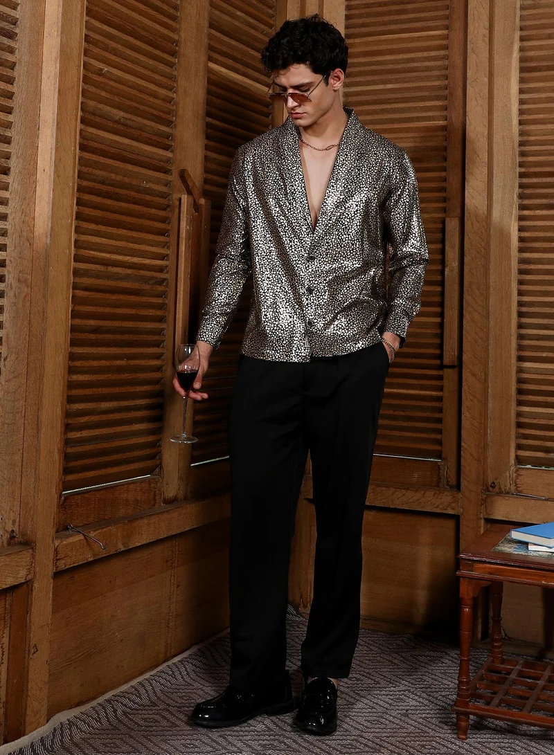 Campus Sutra Campus Sutra Men's Black & Gold Metallic-Speckles Shawl Collar Shirt For Casual Wear | Shawl Collar | Long Cuffed Sleeves | Button Closure | Oversized Shirt Crafted With Comfort Fit For Everyday Wear