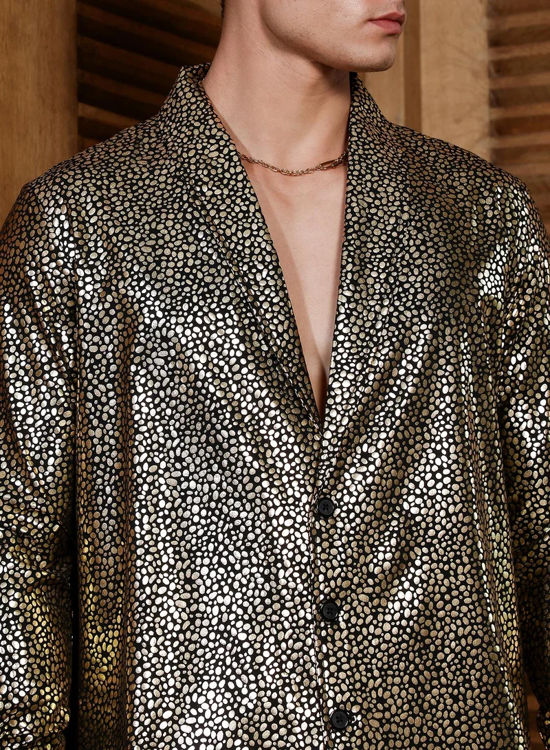 Campus Sutra Campus Sutra Men's Black & Gold Metallic-Speckles Shawl Collar Shirt For Casual Wear | Shawl Collar | Long Cuffed Sleeves | Button Closure | Oversized Shirt Crafted With Comfort Fit For Everyday Wear