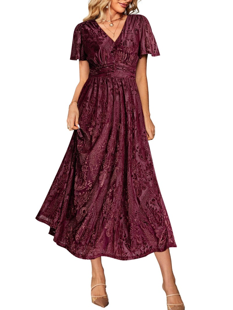 Simplee Apparel Simplee Women's Semi Formal Wedding Guest Velvet Maxi Dress Burnout Floral Empire Waist V Neck Short Sleeve Long Dress (Burgundy Floral L) - Image 1