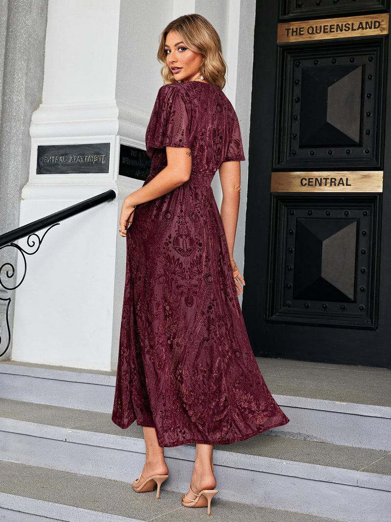 Simplee Apparel Simplee Women's Semi Formal Wedding Guest Velvet Maxi Dress Burnout Floral Empire Waist V Neck Short Sleeve Long Dress (Burgundy Floral L) - Image 5
