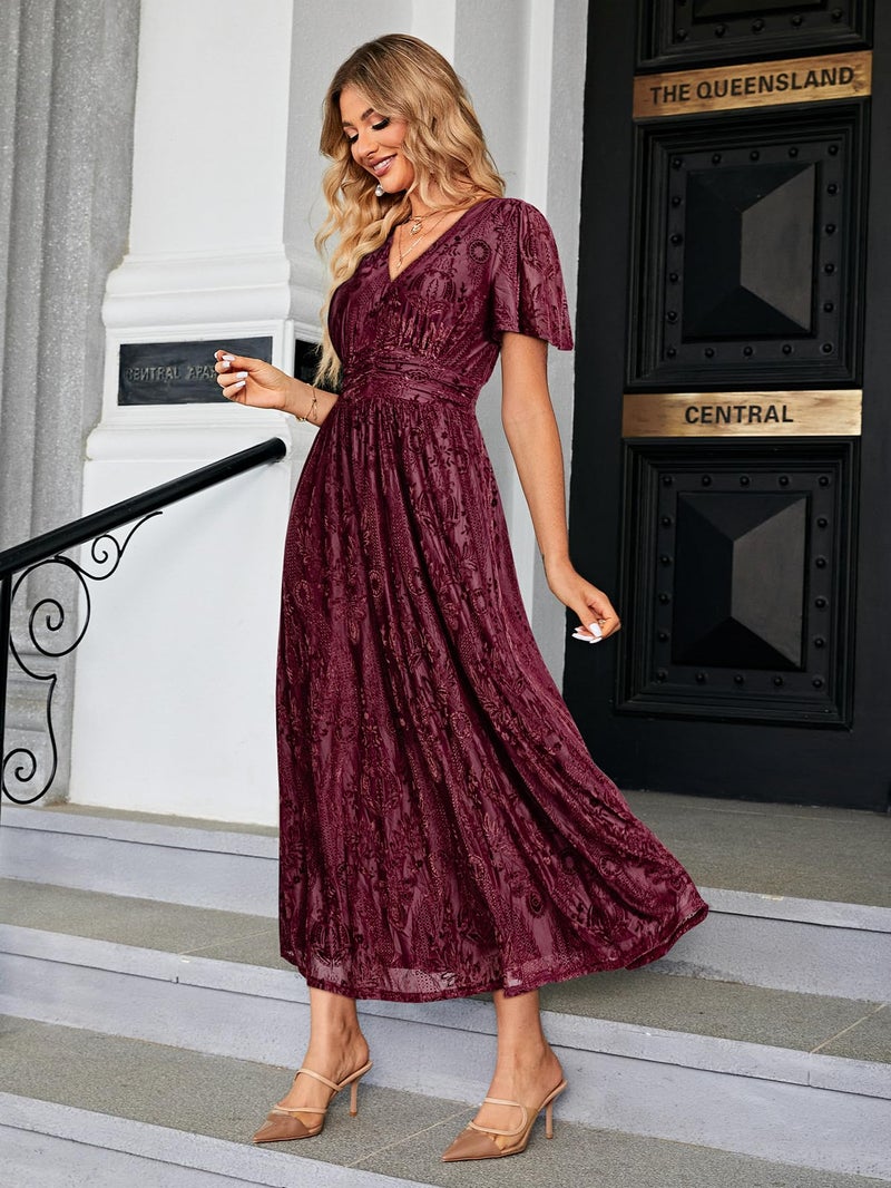 Simplee Apparel Simplee Women's Semi Formal Wedding Guest Velvet Maxi Dress Burnout Floral Empire Waist V Neck Short Sleeve Long Dress (Burgundy Floral L) - Image 3