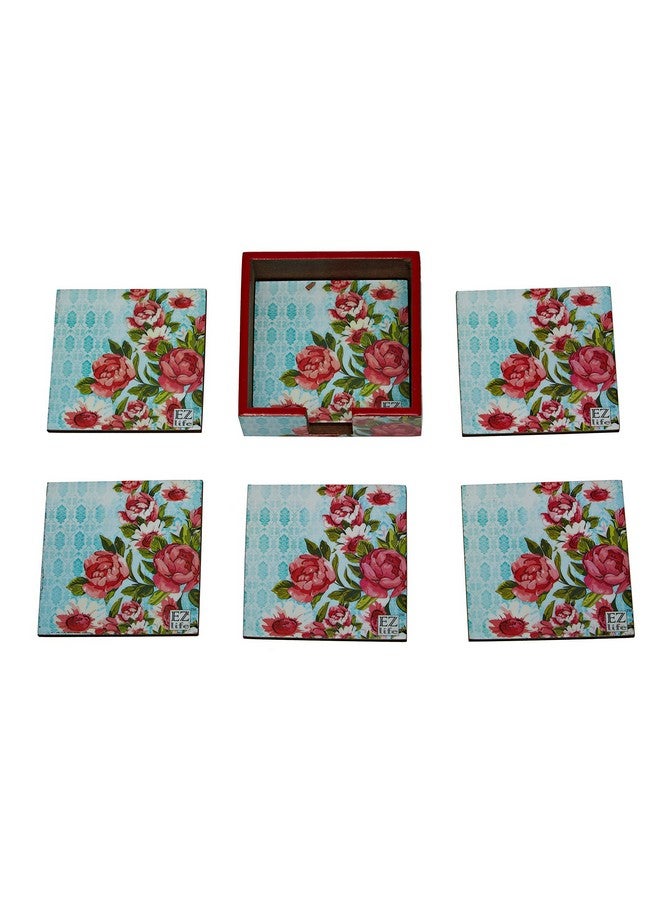 EZ Life Six Coasters with Holder Set - Vintage Floral - Multicolor - Wood & Resin - Placemat for Hot & Cold Drinks - Bowl & Tea Cup Dining, Cocktail Table Décor - Dining Table Accessory Coasters - Image 2