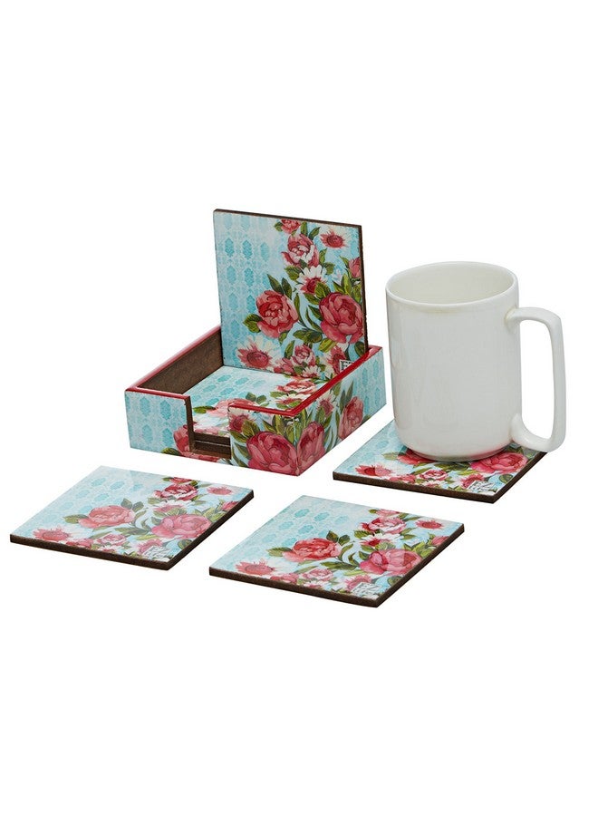 EZ Life Six Coasters with Holder Set - Vintage Floral - Multicolor - Wood & Resin - Placemat for Hot & Cold Drinks - Bowl & Tea Cup Dining, Cocktail Table Décor - Dining Table Accessory Coasters - Image 1
