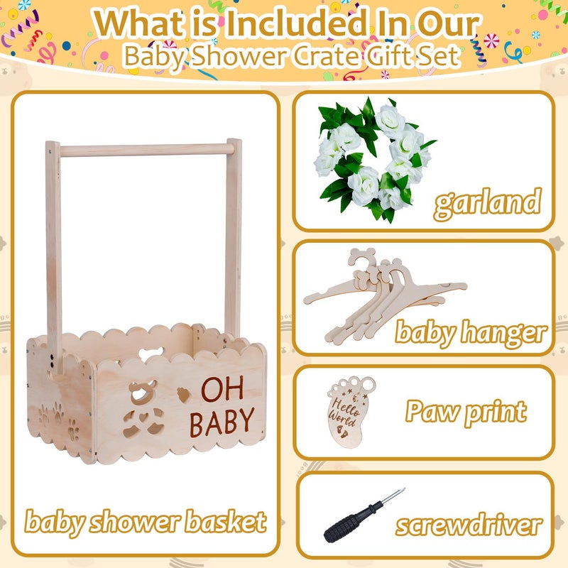 efluky Wooden Baby Shower Crate Closet with Handle,Storage Basket,Baby Clothes Hangers, Newborn Boy Girl Welcome Gift Basket,Easy Assembly Baby Baskets for Baby Shower - Image 4