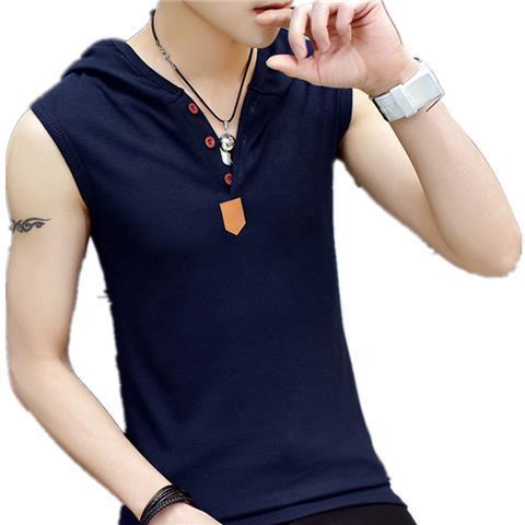 Sleeveless T-shirt Mens Summer Sports Hoodie Fashionable Fitness Hoodie Waistcoat Fashionable Short-sleeved Training Vest red hooded - Image 2