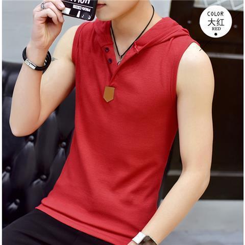 Sleeveless T-shirt Mens Summer Sports Hoodie Fashionable Fitness Hoodie Waistcoat Fashionable Short-sleeved Training Vest red hooded - Image 1