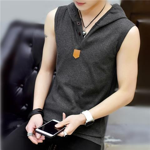 Sleeveless T-shirt Mens Summer Sports Hoodie Fashionable Fitness Hoodie Waistcoat Fashionable Short-sleeved Training Vest red hooded - Image 5