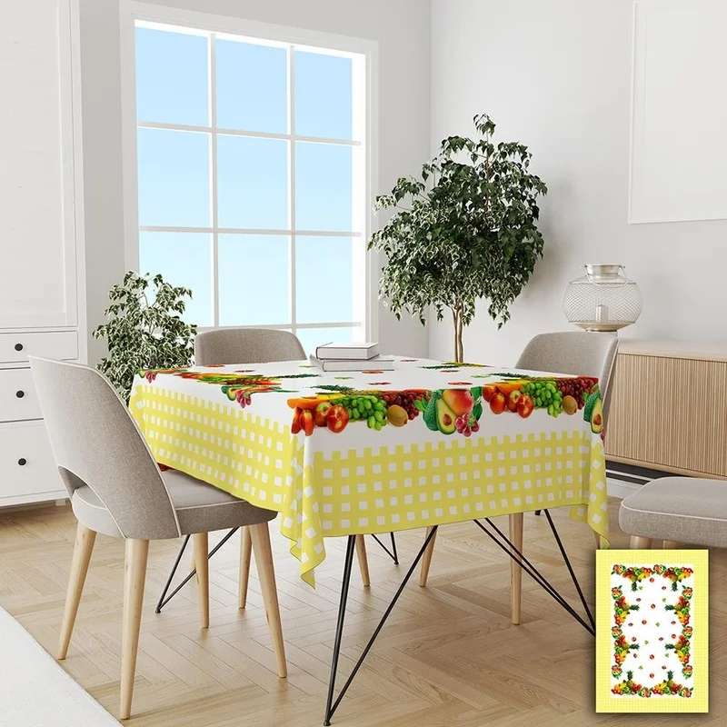 Yeni New Yellow Bordered Fruit Patterned, Easy to Clean, Stain-Repellent, Carefree Tablecloth
