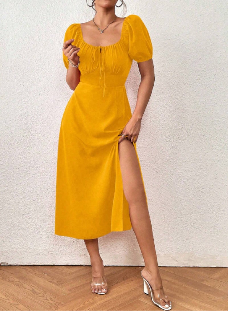 Elegant Dress with Puffed Sleeves, Sweetheart Neckline, and Side Slit, one size  - Image 1